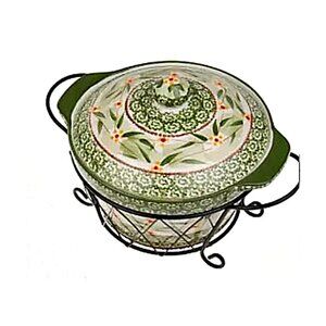 Temp-Tations Bakeware Old World Green 9 inch Dish, Cover, Basket & Trivet